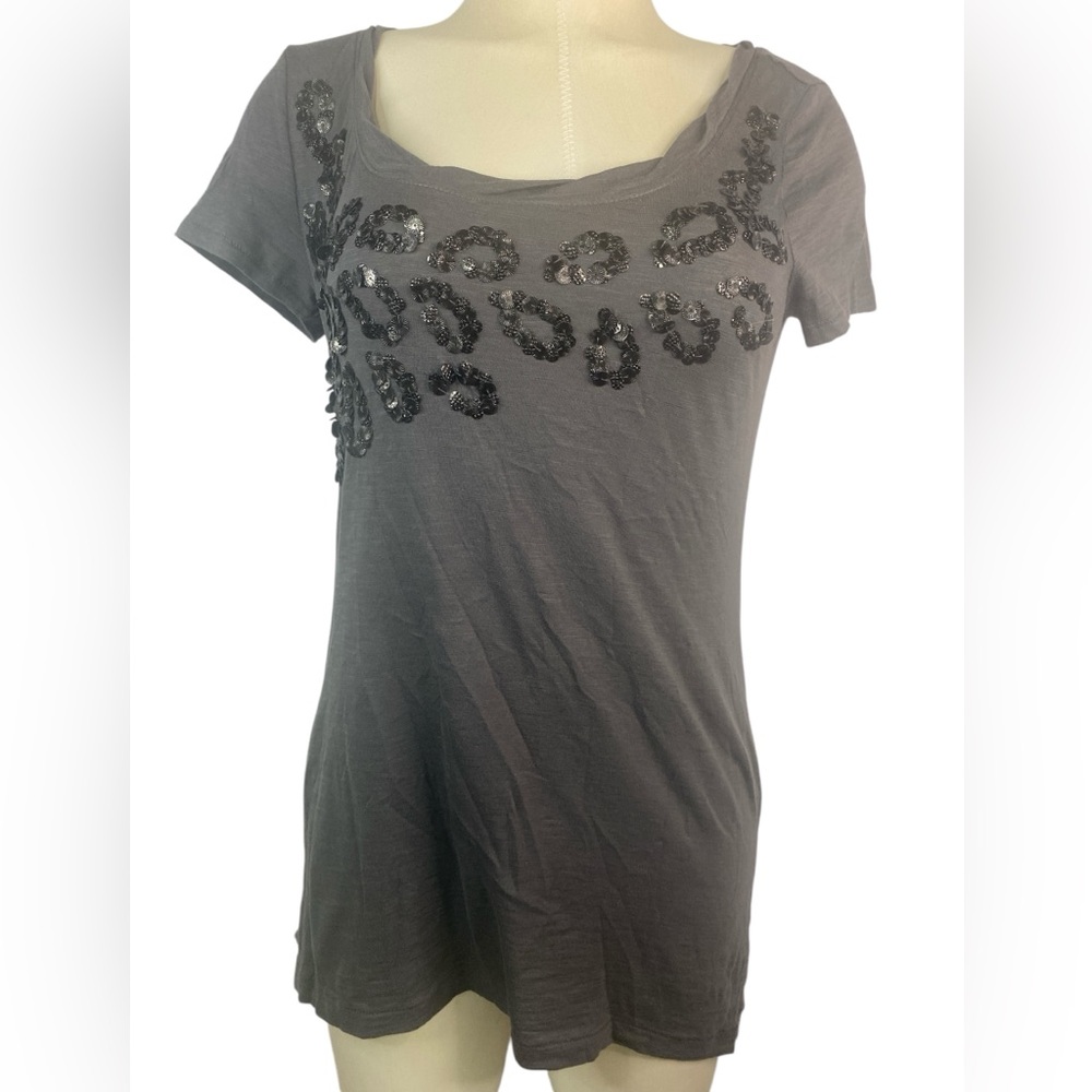 Loft Charcoal Gray Embellished Women's Short Sleeve Top Medium